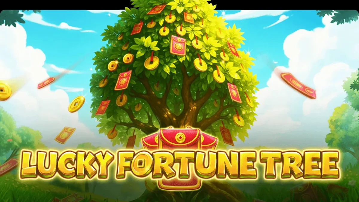 Pemandangan visual slot Lucky Fortune Tree dengan latar belakang lembah hijau dan pohon keberuntungan